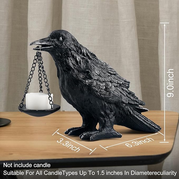 Raven Gothic Home Decor Fake Crow Light Holder Raven Lamp Tealight Candle Holder Resin Raven Statue Wearing Silver