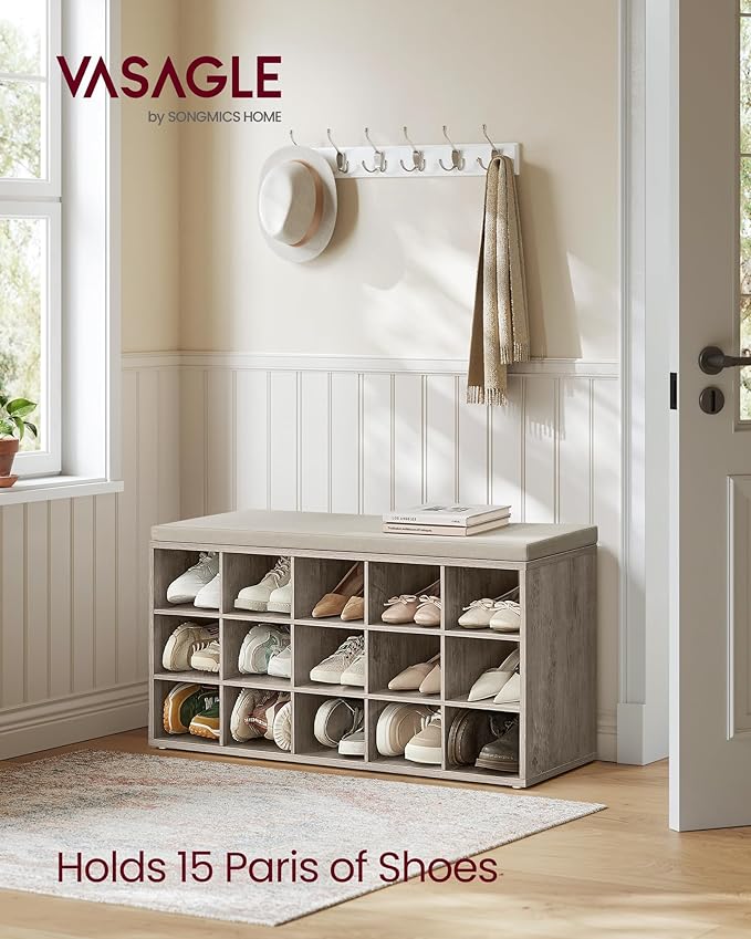 VASAGLE CUSTOS Collection - Shoe Bench, Storage Bench with Padded Seat, Entryway Bench with 15 Compartments, for Bedroom, 11.8 x 41.3 x 18.9 Inches, Heather Greige and Cappuccino Beige ULHS015K01