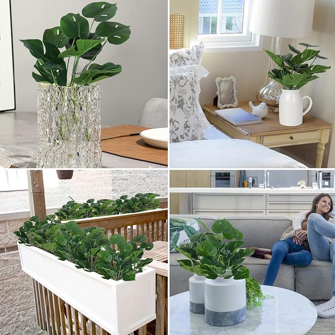 RECUTMS 6 Bundles Fake Plants Artificial Tropical Palm Leaves Tree Faux Monstera Shrubs Green Plant Turtle Leaf Stems UV Resistant Greenery Indoor Outdoor Home Garden Office Bouquet Filler Decor