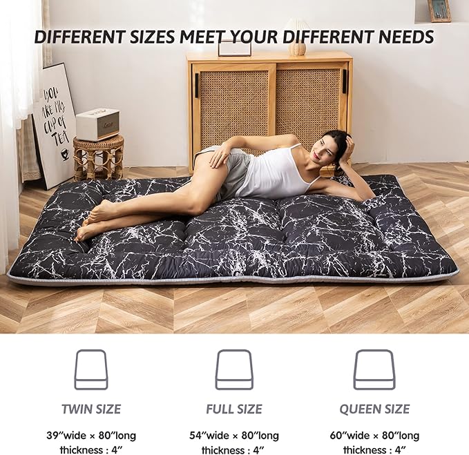 MAXYOYO Black Marble Printed Japanese Futon Floor Mattress, Thicken Sleeping Pad Floor Bed Roll Up Camping Guest Mattress Folding Couch Bed, Full Size