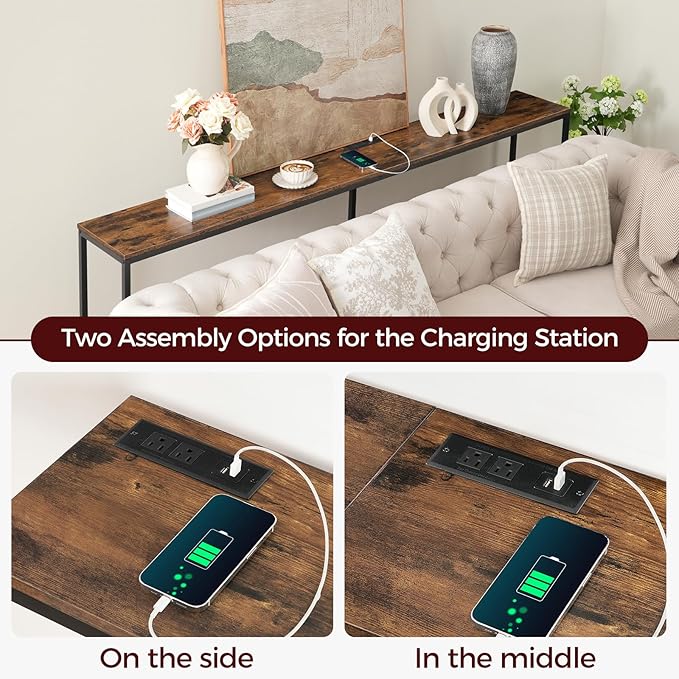78.7" Console Table with Power Outlet, 11.8" Wide Narrow Sofa Table, Industrial Entryway Table with USB Ports, Behind Couch for Entryway, Hallway, Foyer, Living Room, Rustic Brown CTHR320E01