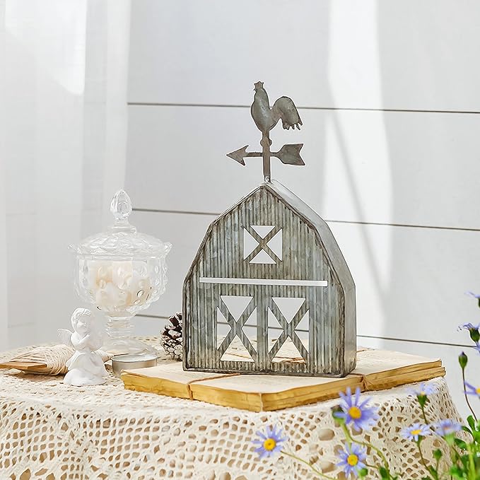 Barn Shaped Tea Light Candle Holder Farmhouse Galvanized Metal Candle Holder Vintage Decorative Tealight Holder for Table Centerpiece Decoration - 5.24" x 1.97" x 9.25"