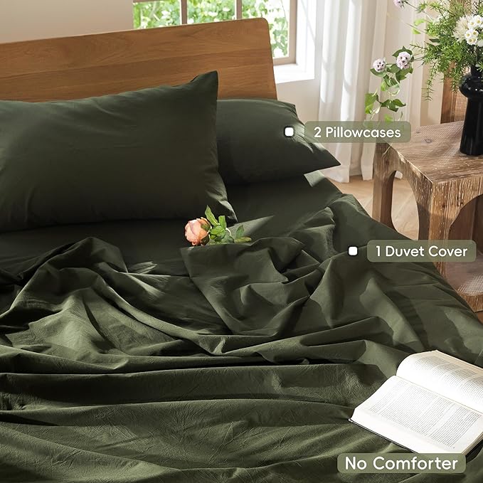 MooMee Bedding Duvet Cover Set 100% Washed Cotton Linen Like Textured Breathable Durable Soft Comfy (Solid Olive Green, Alaska King 132"x120")