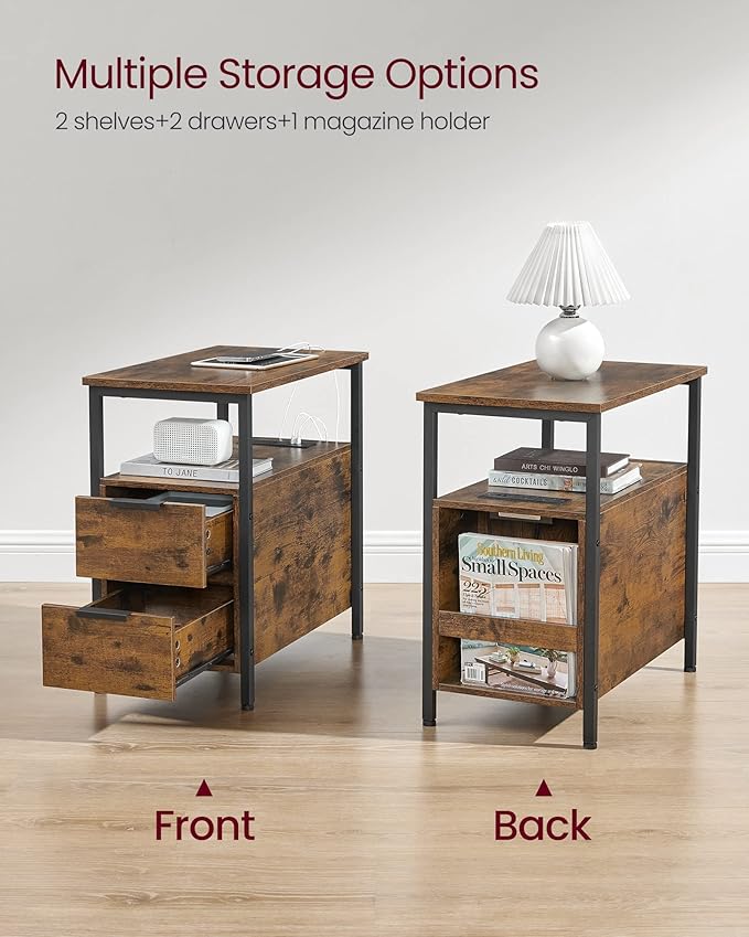 VASAGLE Side End Table with Charging Station, Slim Nightstand with 2 Drawers, Narrow Bedside Table for Living Room, Small Spaces, Rustic Brown and Ink Black ULET321B01