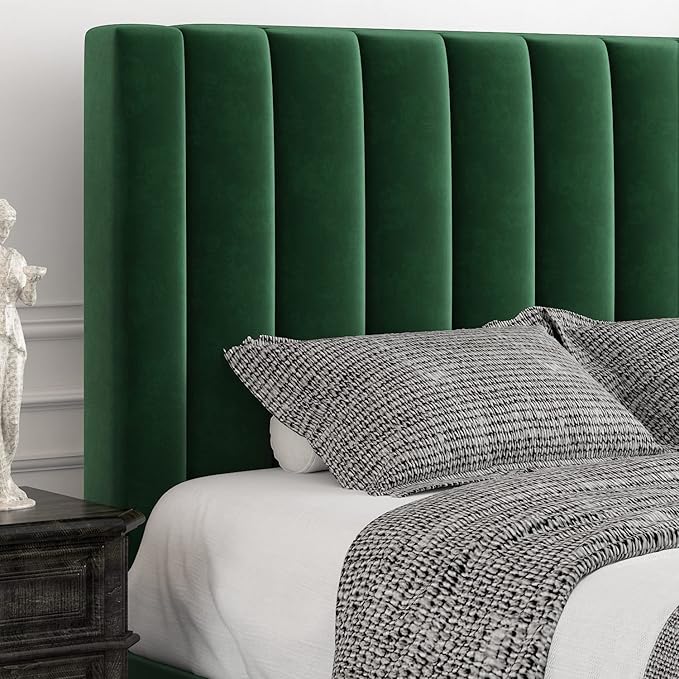 Allewie King Bed Frame/Velvet Upholstered Bed Frame with Vertical Channel Tufted Headboard/Strong Wooden Slats/Platform Bed Frame/Mattress Foundation/Box Spring Optional/Easy Assembly/Green