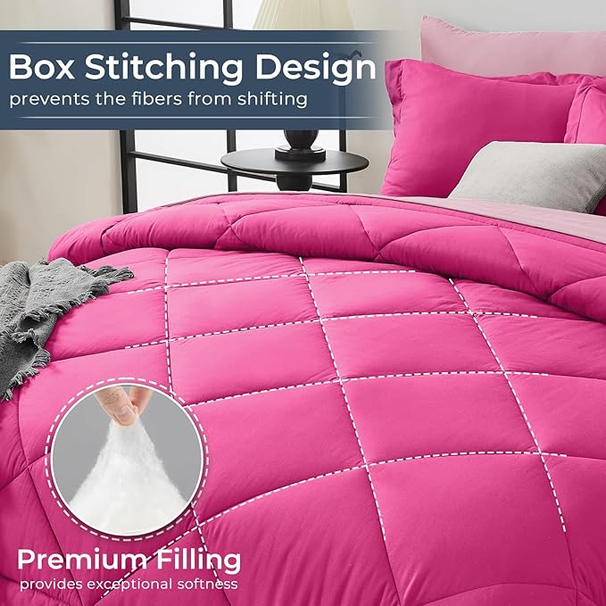 HEVUMYI Hot Pink & Baby Pink King Comforter Set - 7-Piece All Season Bed in a Bag King, Ultra Soft Bedding Set with Comforter, Flat Sheet, Fitted Sheet, Pillowcases, Pillow Shams
