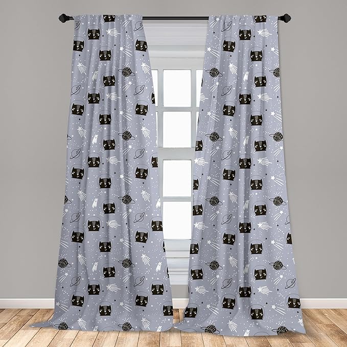 Ambesonne Outer Space Window Curtains, Astronaut Cats Exploring The Universe on Dotted Background, Lightweight Decor 2-Panel Set with Rod Pocket, Pair of - 28" x 63", Purple Grey