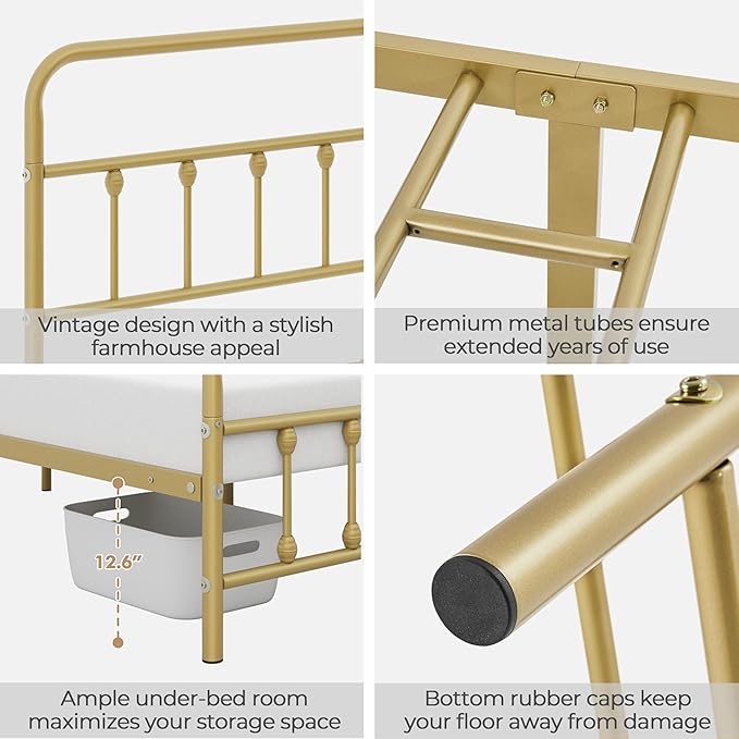 Yaheetech Classic Metal Platform Bed Frame Mattress Foundation with Victorian Style Iron-Art Headboard/Footboard/Under Bed Storage No Box Spring Needed Full Size Antique Gold