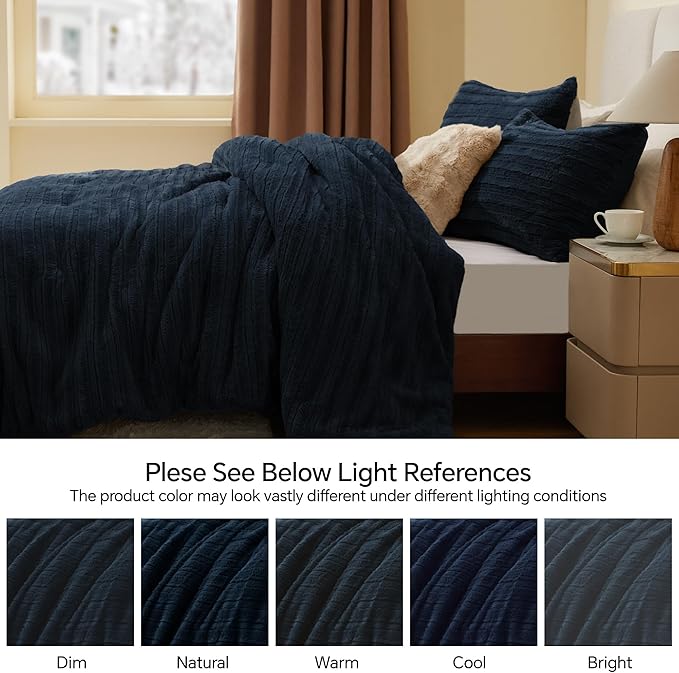 BEDELITE Fleece Queen Comforter Set -Super Soft & Warm Fluffy Navy Faux Fur Bedding, Luxury Fuzzy Heavy Bed Set for Winter with 2 Pillow Cases