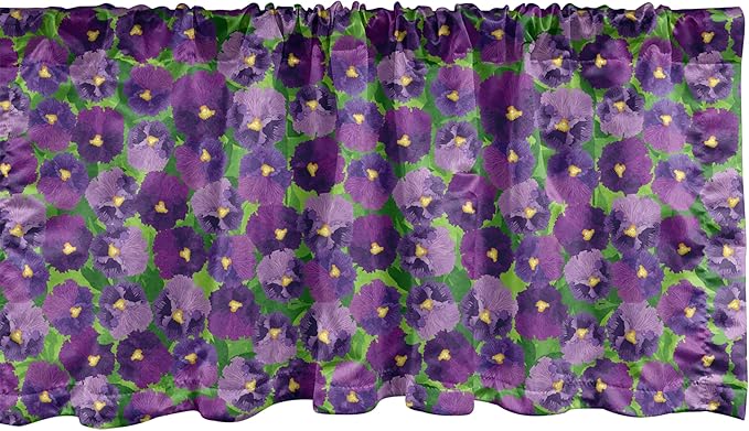 Ambesonne Botanical Window Valance, Green Field Full of Burgeoning Pansy Inflorescence Garden Flourish Bedding Plants, Curtain Valance for Kitchen Bedroom Decor with Rod Pocket, 54" X 18", Purple