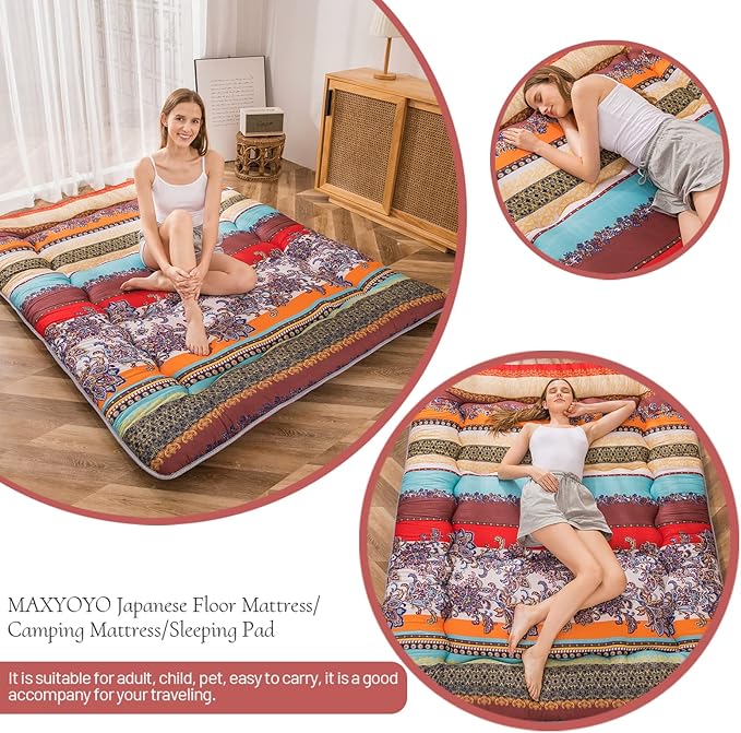MAXYOYO Bohemian Retro Floor Mattress Vintage Floral Japanese Futon Mattress Roll Up Thicken Sleeping Bed Portable Camping Mattress Floor Lounger Couch Bed Mattress Pad, Queen Size