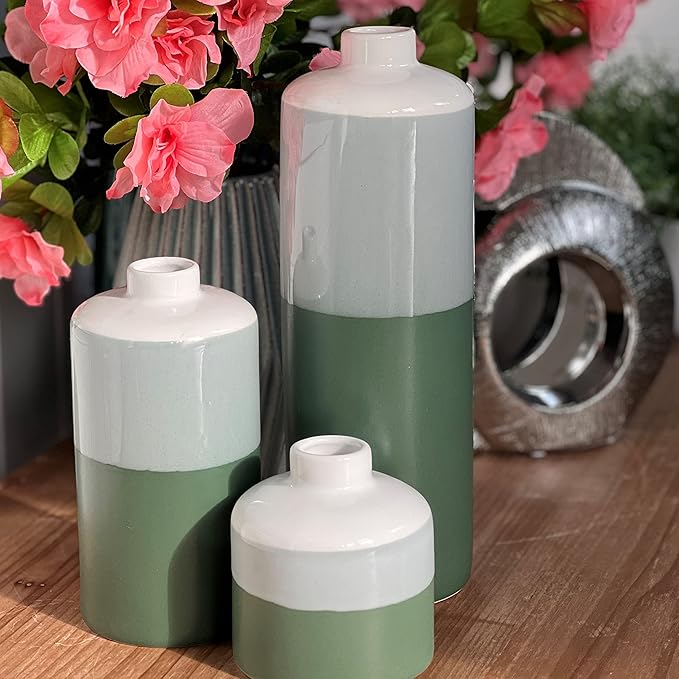 Iconic Dipped Scandinavian Style Vases, Set of 3, Glazed Porcelain, Tonal Shades, Pale Grey, Green and Dark Green, 11.5 H Inches
