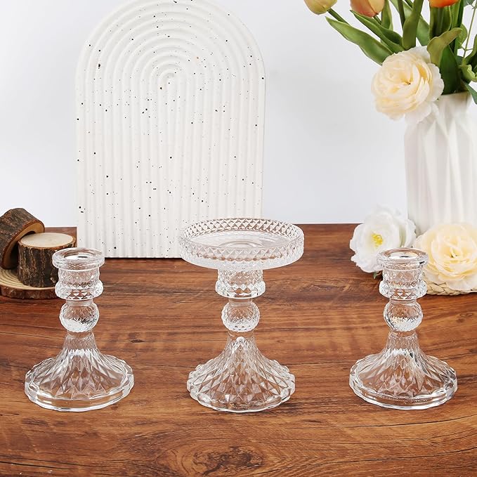 Unity Candle Holder - Glass Candle Holders for Pillar Candles Taper Candles, Glass Candlestick Holders Set of 3, Decorative Clear Glass Candlestick Holder for Wedding Table Dinning Church Centerpiece
