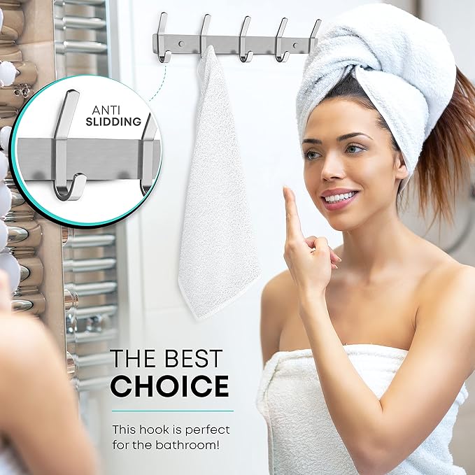 Coat Rack Wall Mount – Brushed Nickel 15 Inch Stainless Steel Hook Rail with 5 Heavy Duty Double Coat Hooks – Wall Mounted Coat Hanger for Entryway, Bathroom, Bedroom, Towel, Hat Organizer