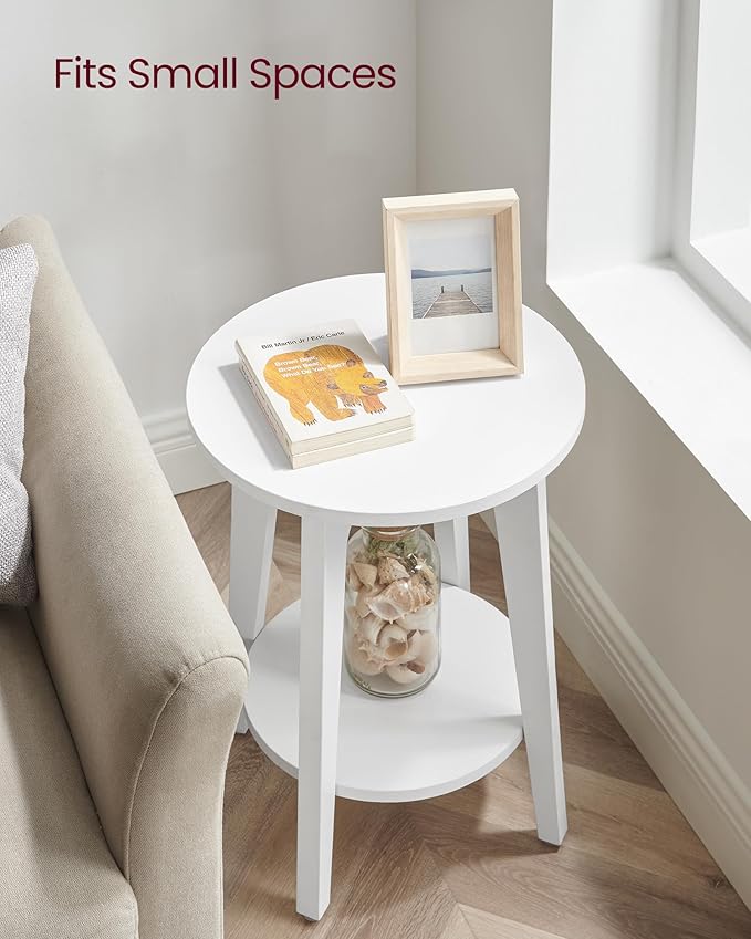VASAGLE MAEZO Collection - Side Table, 2-Tier Small Round End Table, Nightstand with Tapered Legs, Curved Transitions, for Small Spaces, Living Room, Bedroom, Cloud White ULET283T14