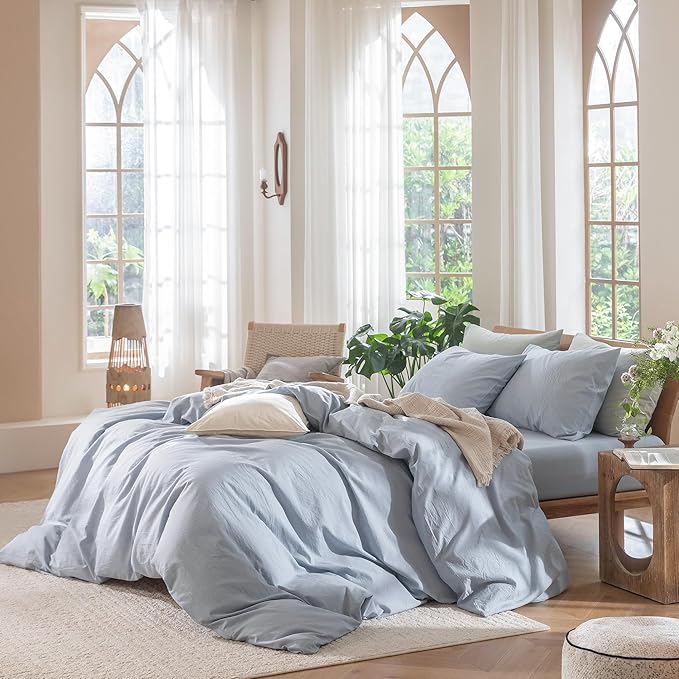 MooMee Bedding Duvet Cover Set 100% Washed Cotton Linen Like Textured Breathable Durable Soft Comfy (Heathered Cornflower Blue, Oversized Full 82"x86")