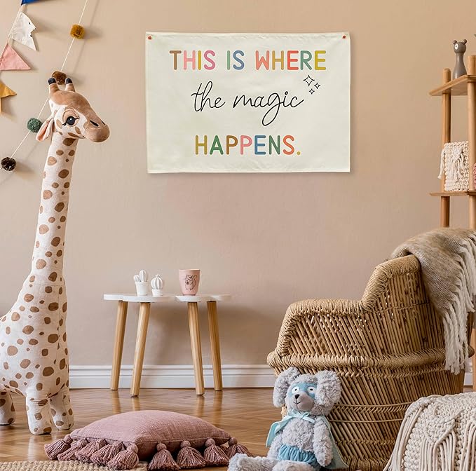 Boho Rectangular Banner Flag Wall Sign Decor Gift for Baby Boy Girl Kids,Nursery Baby Room Bedroom Living Room Office Decor-This Is Where the Magic Happen-Baby,Shower Birthday Christmas Gift