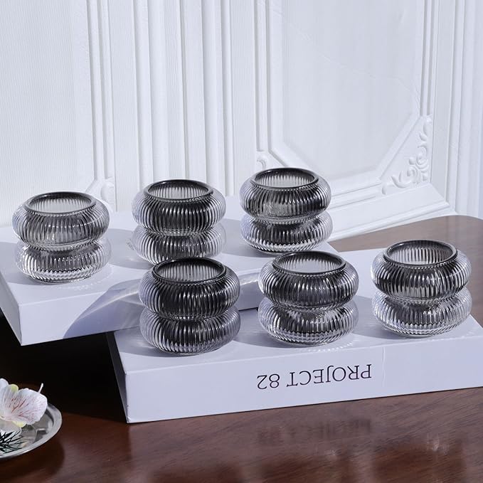 Woho Smoke Grey Votive Candle Holders Set of 6, Vintage Ribbed Tealight Candle Holder for Daily Home Decor, Classy Tea Light Candle Holder Glass for Living Room Table Decor(Grey, 2.1" H X 2.75" D)