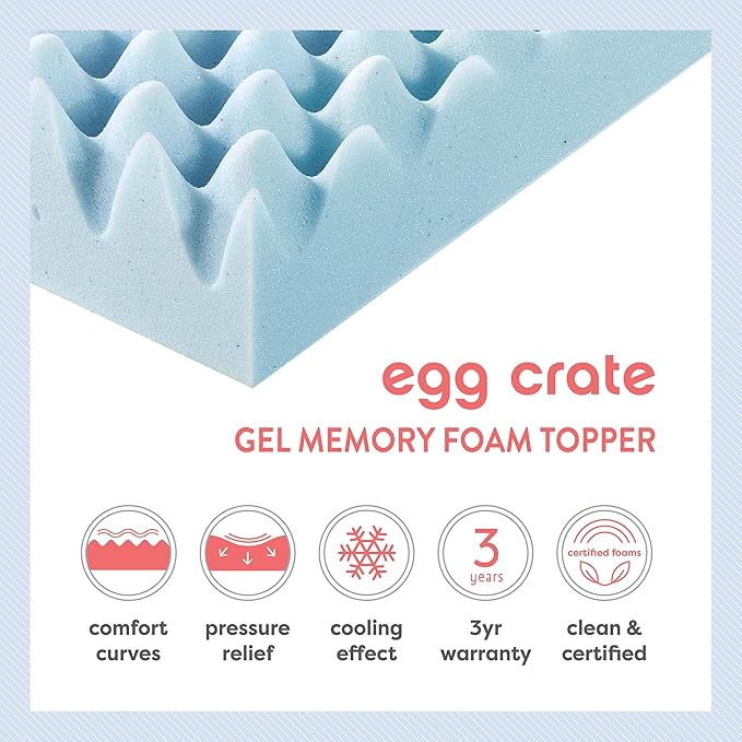 Best Price Mattress 1.5 Inch Egg Crate Memory Foam Mattress Topper, Cooling Gel Infusion, Twin, Dorm Essentials, Blue