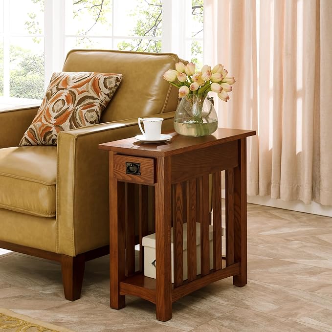 Leick Home Mission Impeccable Coffee Table, Solid Wood with 2 Drawers & Shelf, Medium Oak Finish, Blackened Hardware, Slatted Sides, Easy Assembly, 48 in W x 24 in D x 19 in H, 8204