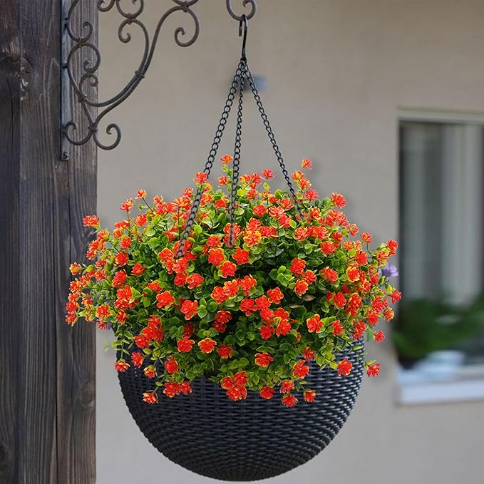 Artificial Mums Fall Flowers for Outdoors Fake Plants, 16 Bundles Faux Eucalyptus Flower Plants UV Resistant No Fade Faux Shrubs Home Garden Thanksgiving Porch Patio Autumn Decoration