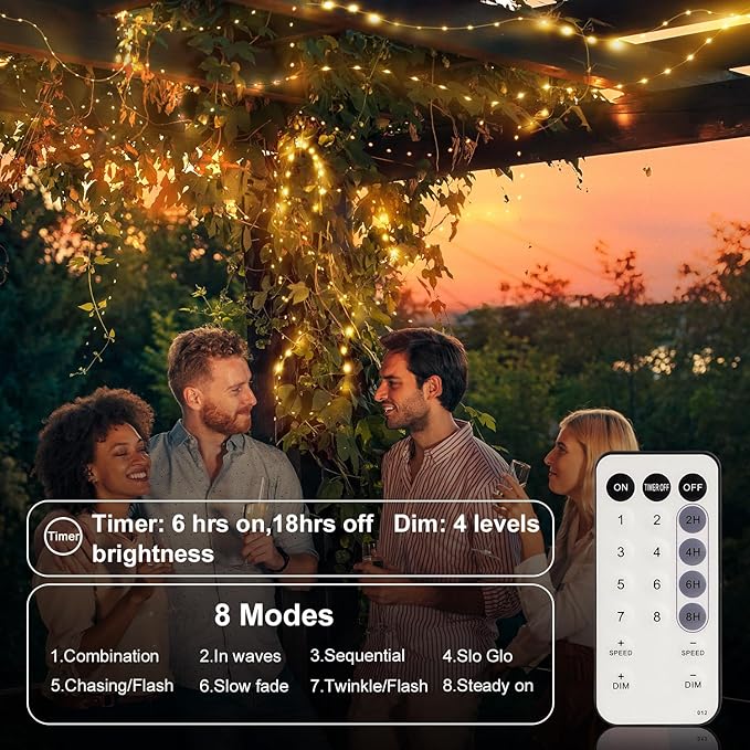 33FT 200 LED Fairy Lights Battery Operated with Timer & Remote, 8 Modes Dimmable Twinkle Lights, Waterproof Warm White Fairy String Lights for Outdoor Patio Wedding Mason Jar Party Bedroom Classroom