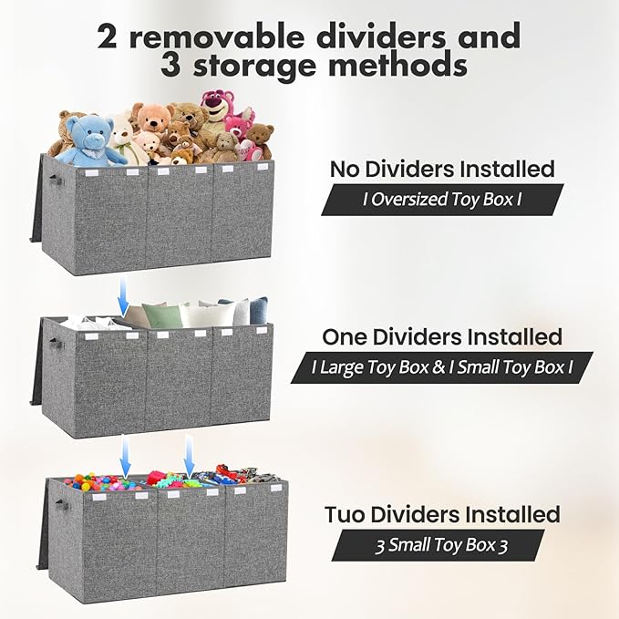 Extra Large Toy Box 167L, Sturdy Toy Storage Chest Organizer Bin Baskets with 2 Removable Divider for Boys, Girls, Kids, Nursery, Bedroom, Playroom, 35.5"x17" x17"(Linen Gray)