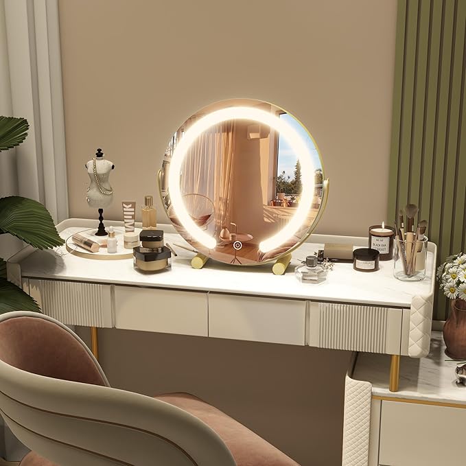 Gold Vanity Mirror, 12 Inch Makeup Mirror with Lights, Large Lighted Vanity Mirror, Light Up Mirror with Smart Touch 3 Colors Dimmable, Tabletop, 360° Rotation