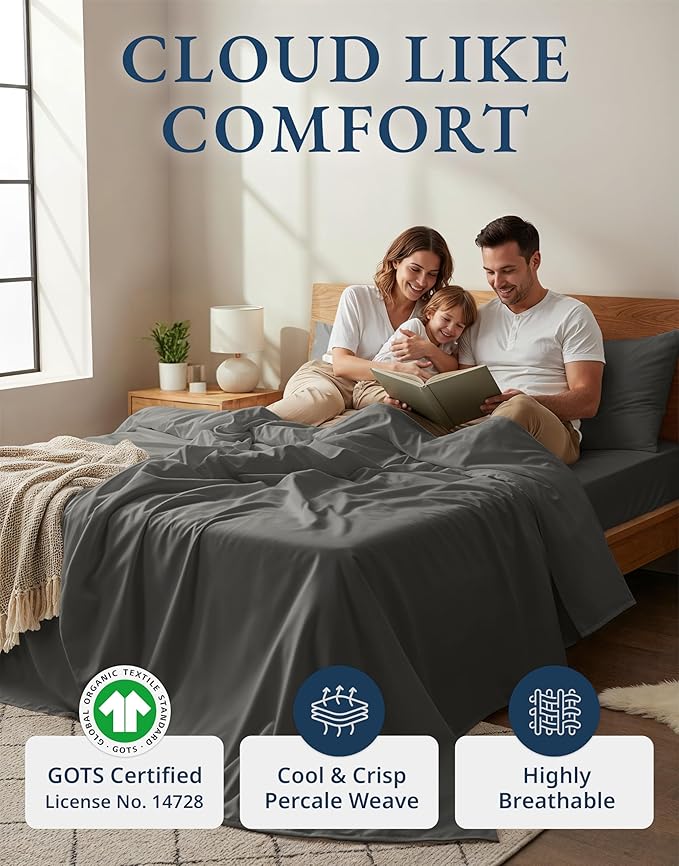 LANE LINEN RV Queen Sheets Set - 100% Organic Cotton Camper Sheet Sets 15" Deep Pocket Fitted (Short Charcoal)