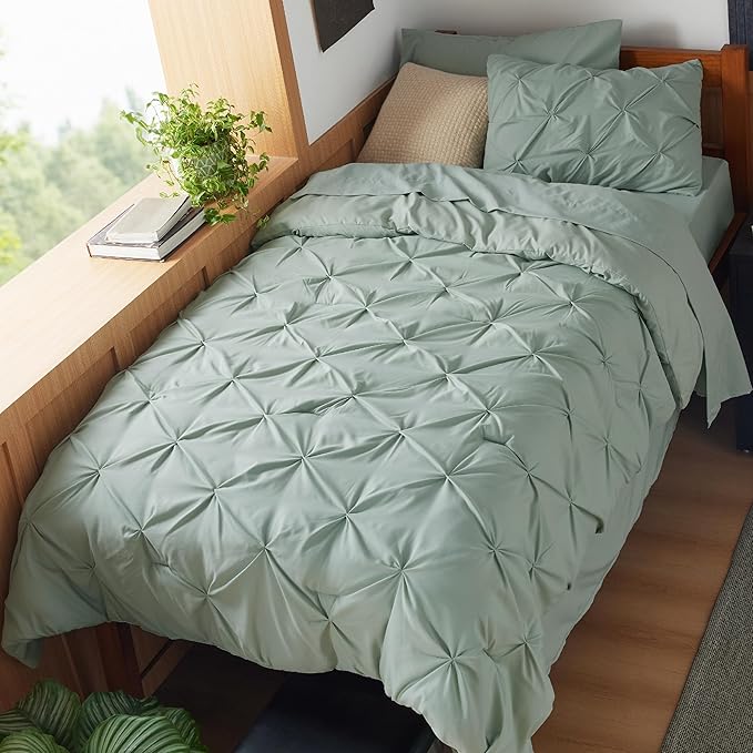 Bedsure Twin XL Comforter Set - Extra Long 5 Pieces Dorm Bedding Sets, GentleSoft™ Pinch Pleat Sage Green Bed in a Bag with Pintuck Comforter, Sheets, Pillowcase & Sham