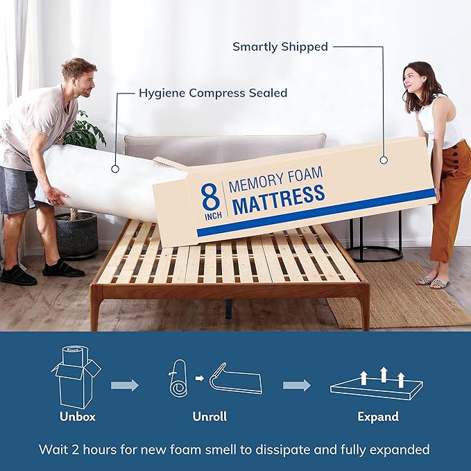 EGO White 8 Inch Queen Memory Foam Mattress, Gel Green Tea Mattress Bed in a Box, CertiPUR-US Certified, Double Mattress, 60"x80", Medium Firm