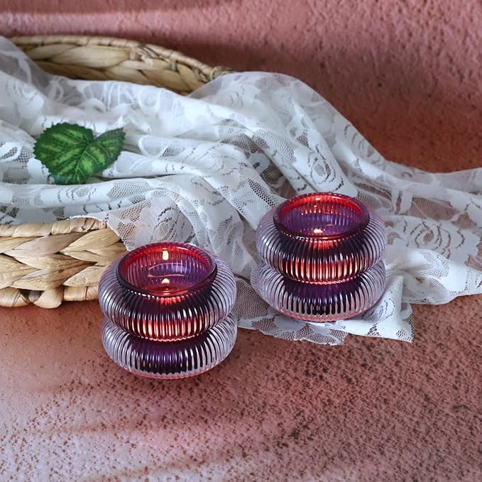 Woho Ribbed Votive Candle Holders Set of 6 for Wedding Decor, Vintage Tealight Candle Holder for Halloween/Thanksgiving, Glass Tea Lights Candle Holder for Dinner Table (Purple, 2.1" H X 2.75" D)