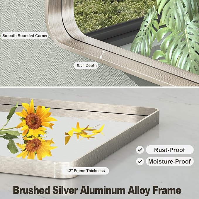 60x36 Inch Brushed Nickel Bathroom Mirror, Large Brushed Silver Metal Framed Wall Mirror, Rounded Corner Rectangle Modern Vanity Mirror, Tempered Glass, Anti-Rust, Shatterproof (Horizontal/Vertical)