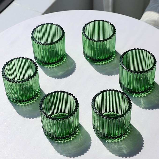 VOHO Large Votive Candle Holders 2.75'' x 2.56'' Set of 6, Ribbed Candle Holder for Votive/Tea Lights Candles, Green Votive Holder for Halloween/Christmas Holiday