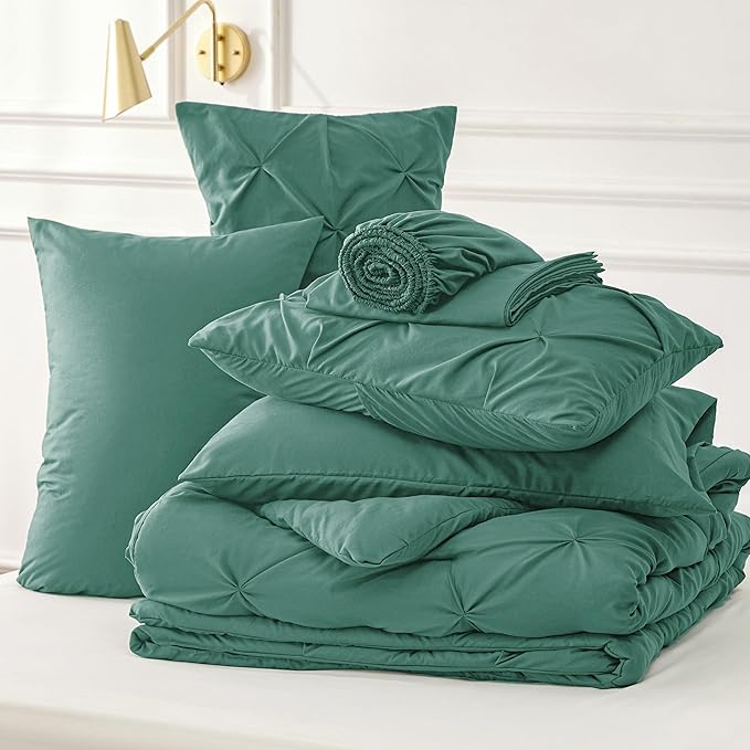 Bedsure Queen Comforter Set Baby Pea Green - Bed in a Bag Queen Size Bedding 7 Pieces, GentleSoft™ Pintuck Bed Set Gift for Family, Pinch Pleat All Season Comforter with Sheets, Pillowcases & Shams