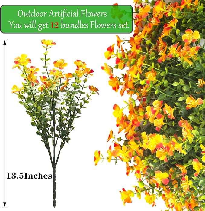 12 Bundles Artificial Fall Flowers for Outdoors, Artificial Plants UV Resistant Fall Fake Mums Plants for Outside Halloween Christmas Porch Decoration ecorations (Orange)
