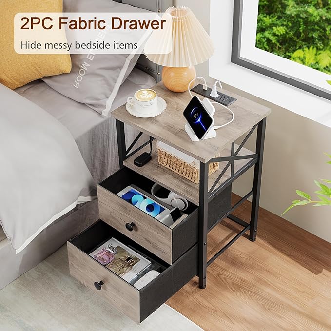 AMHANCIBLE Night Stand Set 2, LED Nightstand with Charging Station, End Tables Living Room with Fabric Drawers, Bedside Table for Bedroom, Greige, HET052LGY
