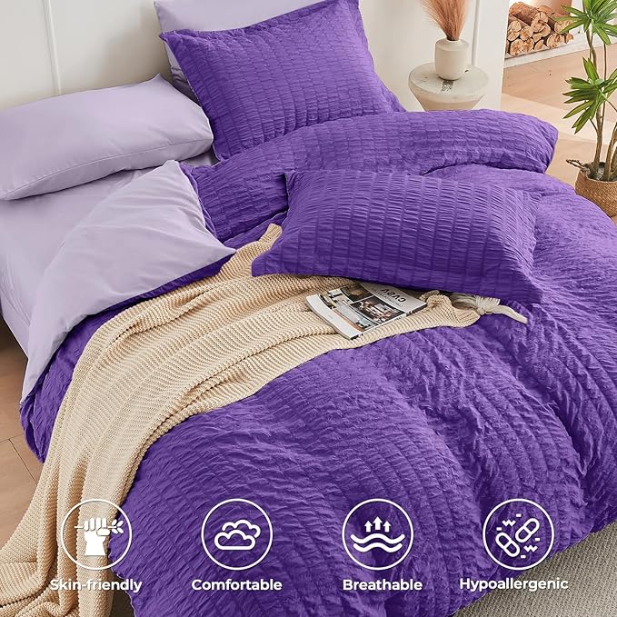 HYMOKEGE Dark Purple/Lavender California King Comforter Set Seersucker 7 Pieces, All Season Luxury Bed in a Bag for Bedroom, Bedding Set with Comforter, Sheets, Pillowcases & Shams
