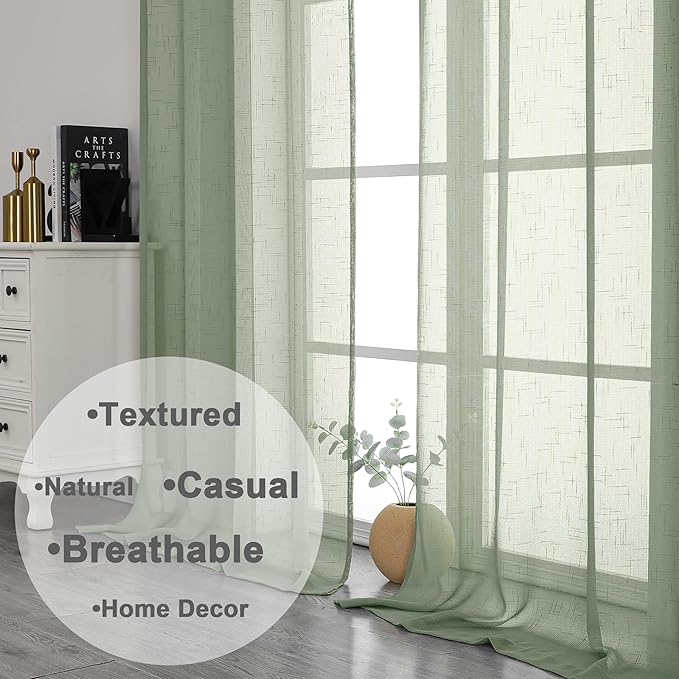 Aiyufeng Sage Green Sheer Curtains 72 inches Long 2 Panels, Fresh Textured Semi Sheer Green Curtains Linen Breathable Elegant Door Curtains & Drapes for Farmhouse/Living Room/Kitchen, 40Wx72L inch