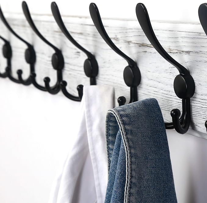 Dseap Coat Rack Wall - Heavy-Duty 38-1/4" Long, with Reinforced 10 Custom Tri-Hooks, Solid Wood Wall Hanger for Coats Hat Jackets - Rustic Farmhouse Entryway Storage, White & Black, Pack of 2