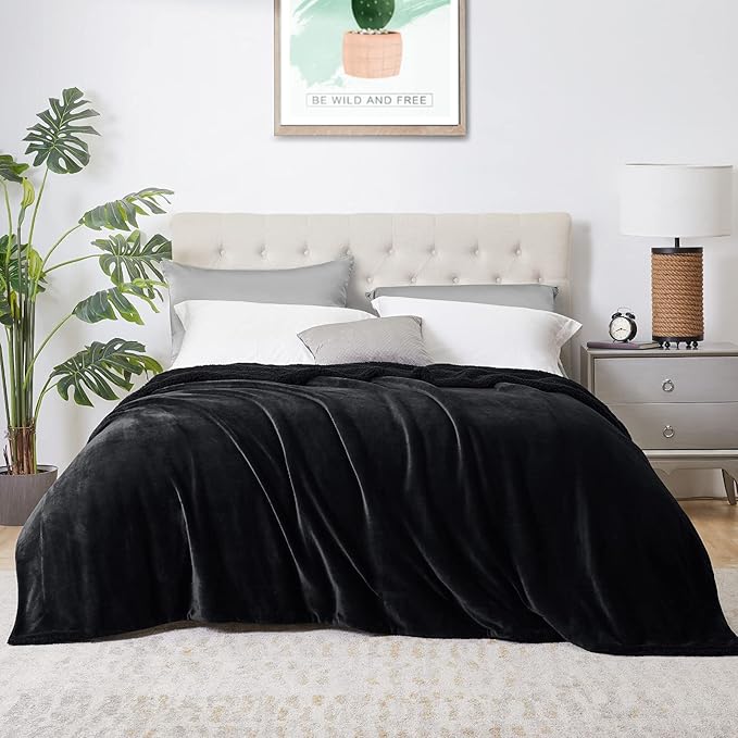 Walensee Sherpa Fleece Blanket (King Size 108”x90” Black) Plush Throw Fuzzy Super Soft Reversible Microfiber Flannel Blankets for Couch, Bed, Sofa Ultra Luxurious Warm and Cozy for All Seasons
