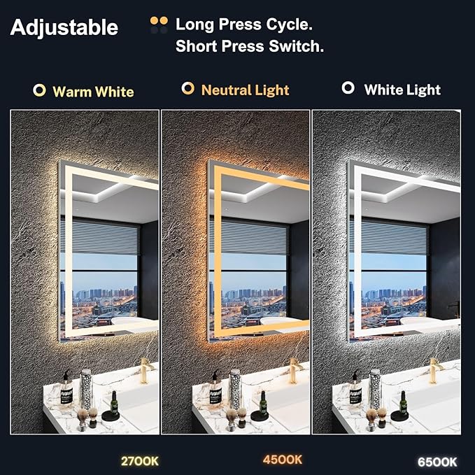 LED Bathroom Mirror 55"x 36",Front Lit and Backlit Bathroom Mirror with Lights,Stepless Dimmable,Anti-Fog, Shatter-Proof, Memory, 3 Colors Lighted Vanity Mirror (Horizontal/Vertical)