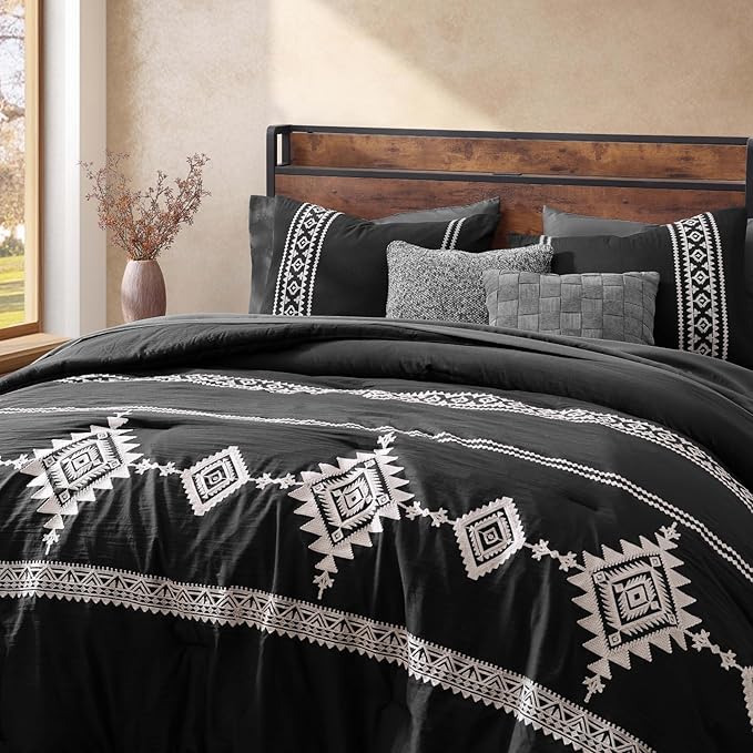 MaiRêve Embroidery Full Size Comforter Set Black, Farmhouse Western Boho Bedding Set 7 Pieces, All Season Bed in A Bag Comforter Set with Sheets, Pillowcases & Shams