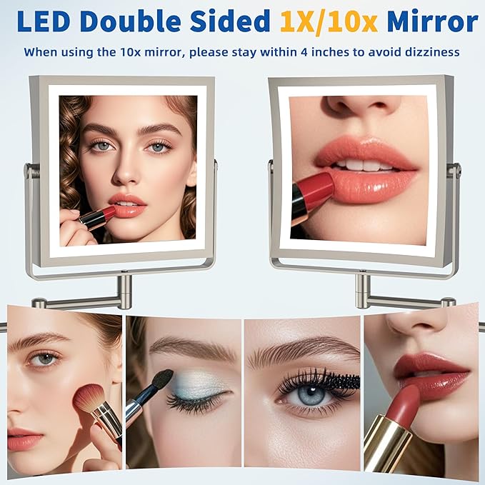 Ruacq Rechargeable Wall Mounted Makeup Mirror with Lights, Double Sided 1X/10X Magnifying Vanity Mirror with 3 Color Light, Touch Screen Dimmable, 360° Rotation Extension Foldable Arm(Brushed Nickel)