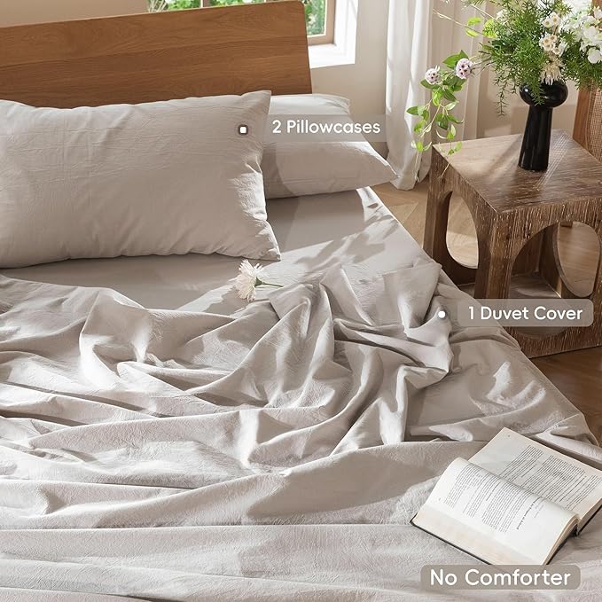 MooMee Bedding Duvet Cover Set 100% Washed Cotton Linen Like Textured Breathable Durable Soft Comfy (Solid Light Tan, Full 80"x90")