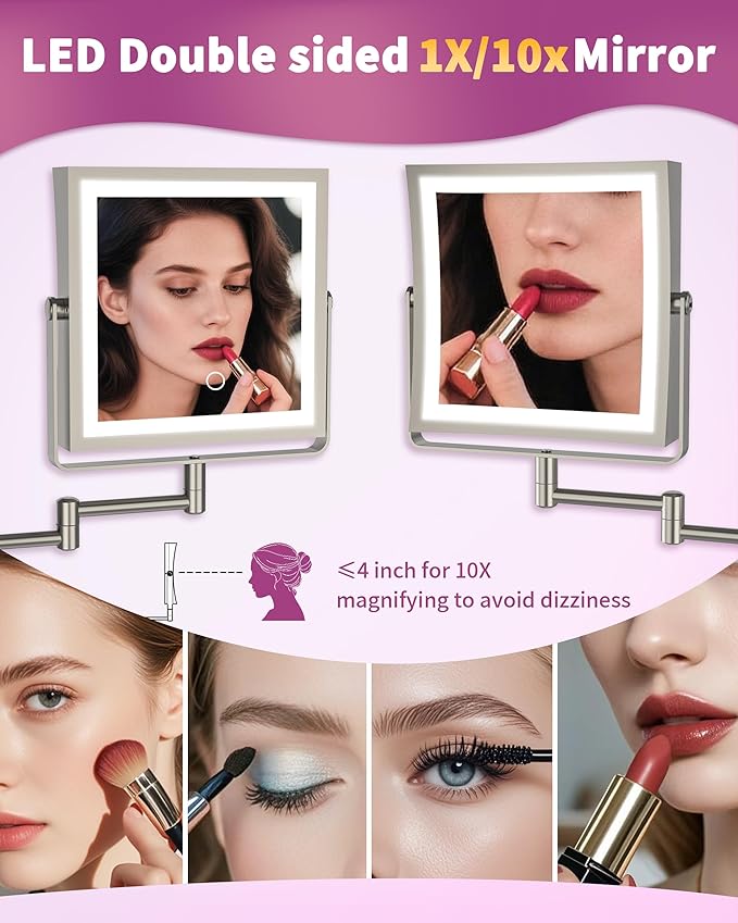 Rechargeable Wall Mounted Makeup Mirror with Lights, 4000mAh Double Sided 1X/10X Magnifying Vanity Mirror with 3 Color Lights, Touch Dimmable, 360° Extension Foldable Arm(Brushed Nickel）