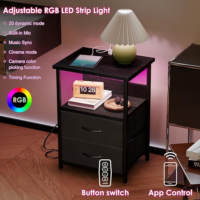Fixwal Nightstand Set of 2 Night Stand with Charging Station, LED Nightstand with Fabric Drawers, End Table with PU Finish, Bed Side Table, Black