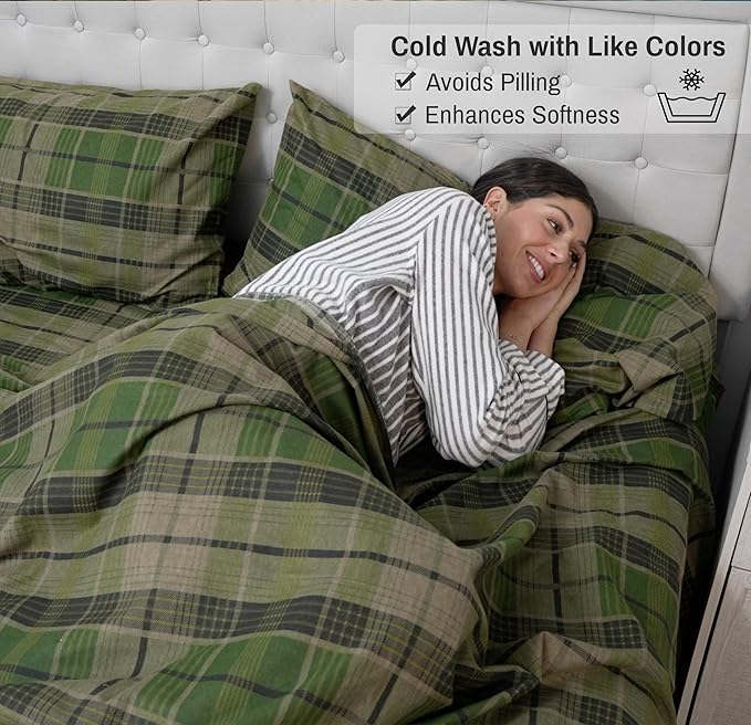 RUVANTI Flannel Sheets Queen Size - 100% Cotton Double Brushed Bed Sheets, Deep Pockets 16 Inches Queen Sheet Set, All Seasons Breathable & Extra Soft - Warm & Cozy, 4 Piece, DNA Plaid