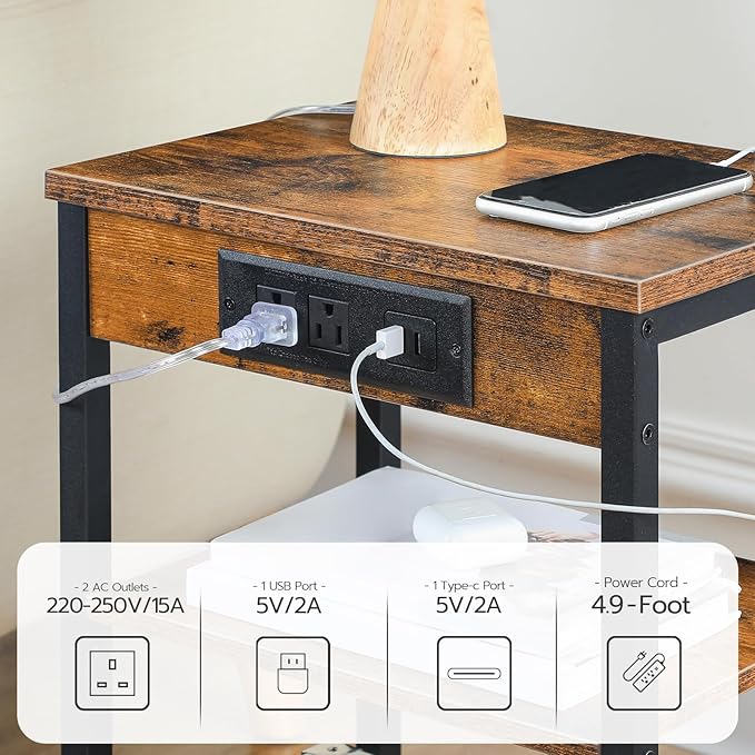 HOOBRO End Tables Set of 2 with Charging Station and USB Port, 3-Tier Nightstands with Adjustable Shelf, Small Side Tables for Small Space in Living Room, Bedroom, Rustic Brown BF112BZP201