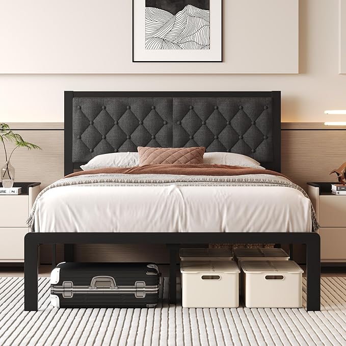 Full Bed Frame with Headboard Linen Upholstered Bed Frame Platform,All Metal Slats Support Platform Bed Frame with Storage Space,Easy Assembly,Noise Free,No Box Spring Needed,Grey
